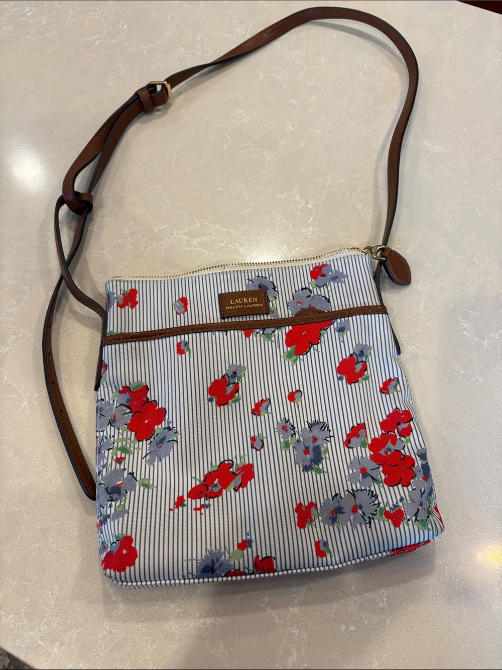 Lauren Ralph Lauren Chadwick Red Floral Crossbody with Blue Pinstripe